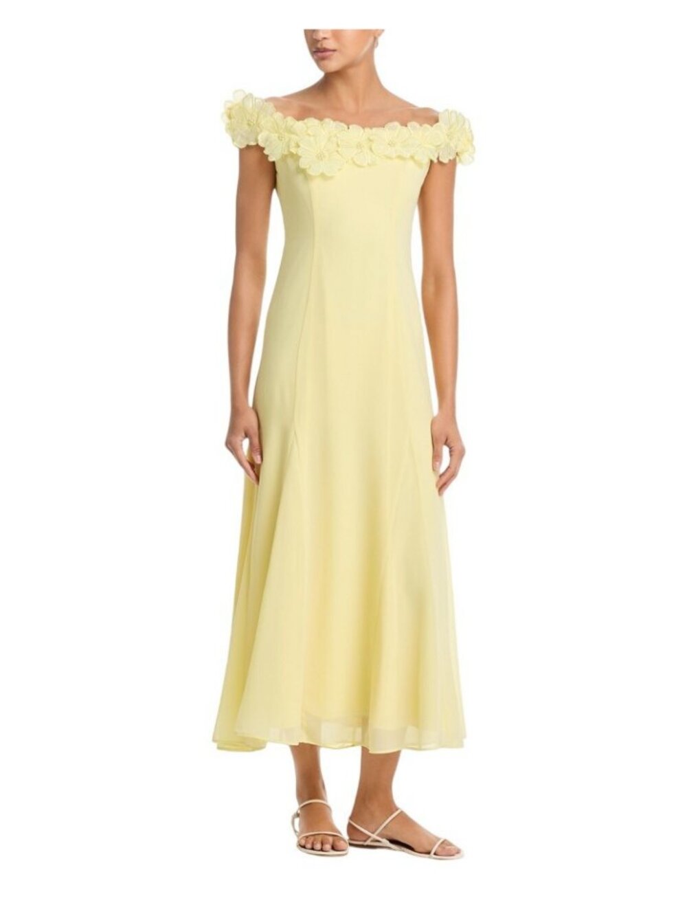 NWT Aqua Applique Floral Off-the-Shoulder Midi Dress IDO14647 Butter yellow M